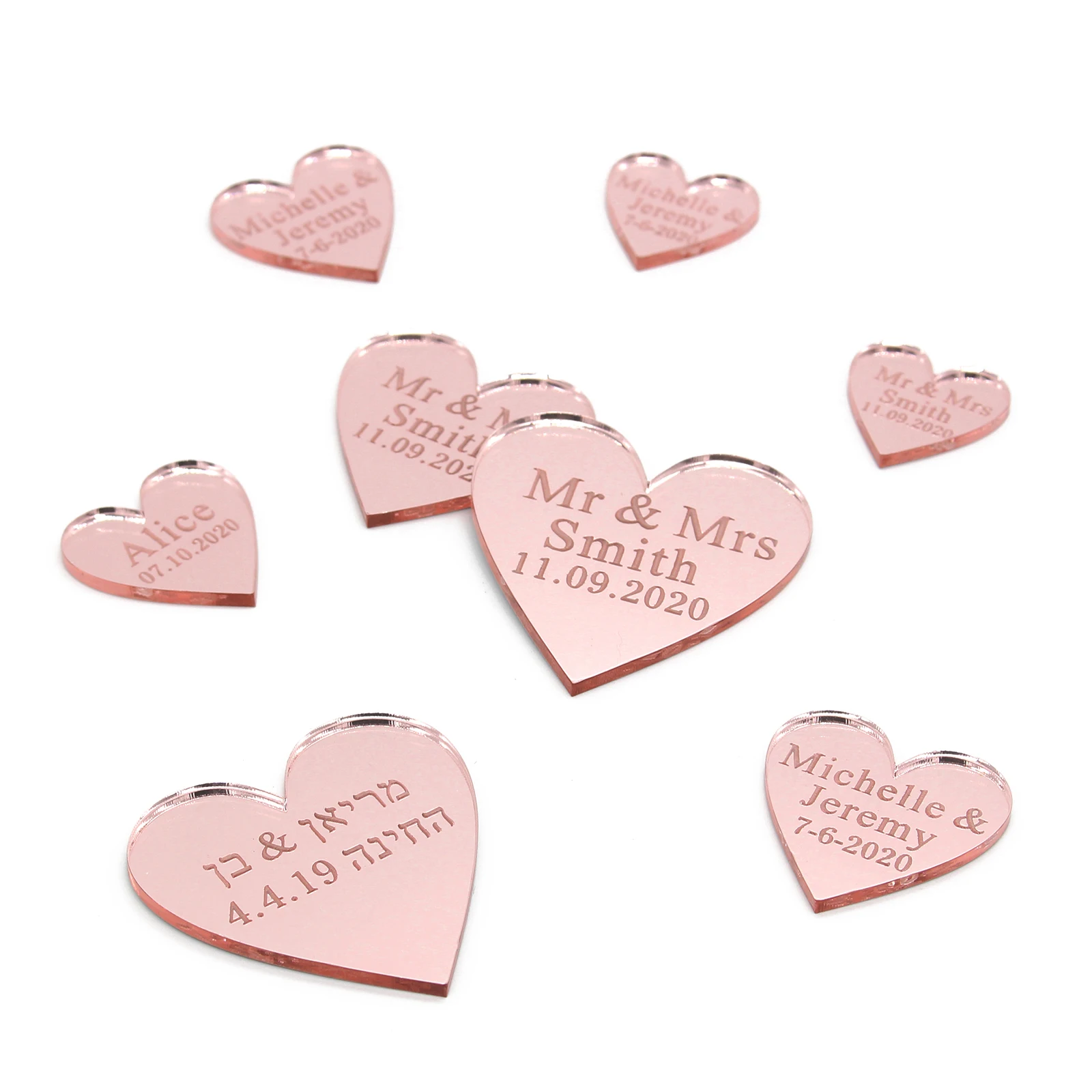 

50 Pieces Personalized Wedding Laser Engraved Mr & Mrs Rose gold Love Heart Tags With Hole Party Table Decor Centerpieces Favors