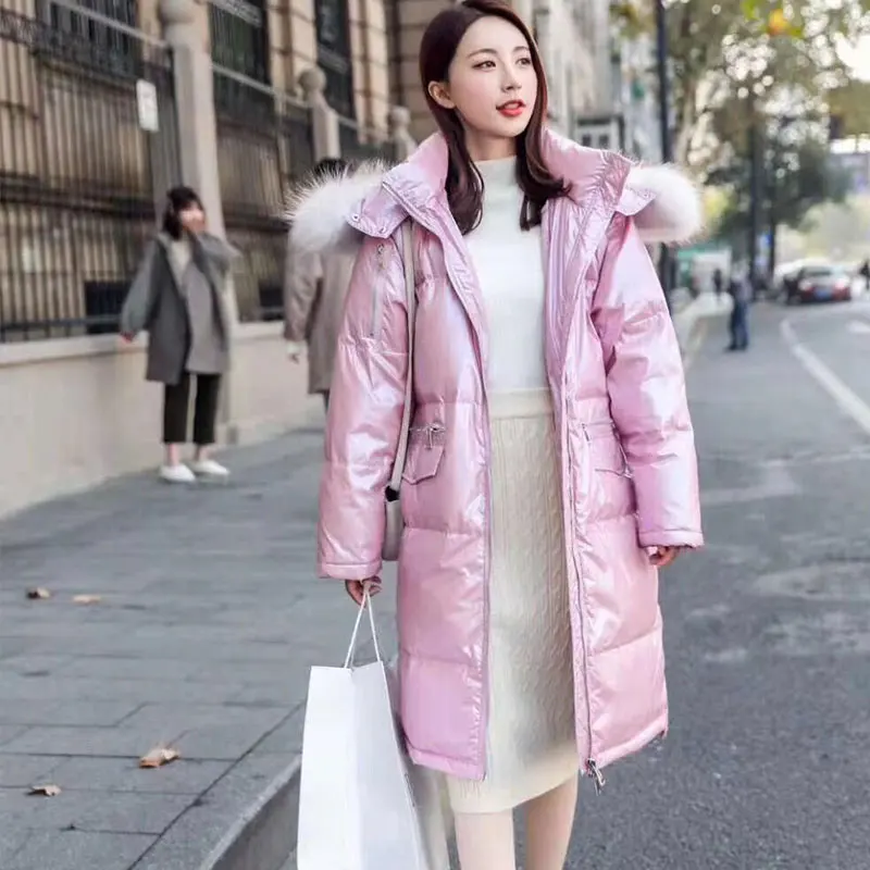 Rose powder Winter Down Coat Women Hooded Natural Raccoon Large Fur Collar 90% White Duck Down Jacket Female Thick Warm Long Jacket Parkas - Цвет: Rose powder