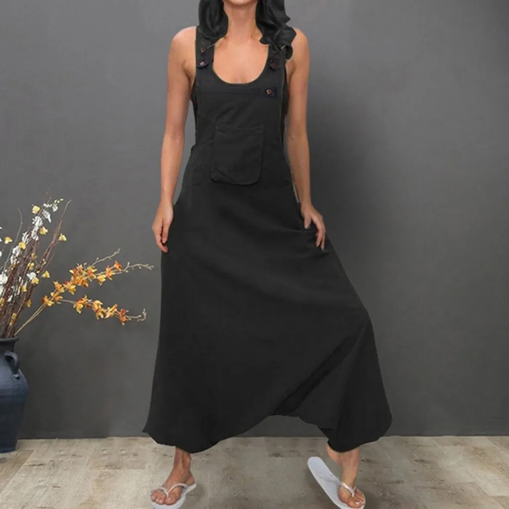 

Women Jumpsuits Plus Size U Neck Sleeveless Backless Side Pockets Baggy Long Jumpsuits Ladies Romper Womens Jumpsuits Overall