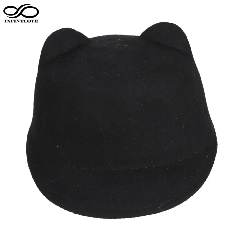 

LUCKYLIANJI High Quality Spring Autumn Winter 100% Wool Felt Women Demon Devil Hat Cat Ears Bowler Halloween Cap(One Size: 57cm)