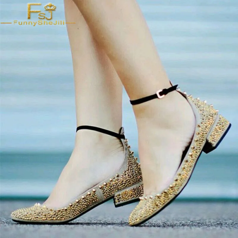 

Gold Rivets Bordered Buckle Strap Office & Career Metal Decoration Khaki Round Toe Flats Ankle Strap Studs Women Gold Shoes