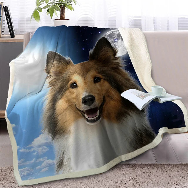 BlessLiving Pet Dog Sherpa Blanket on Bed 3D Border Collie Throw Blanket Animal Bedspread Day and Night Sky Scenery Sofa Cover 3