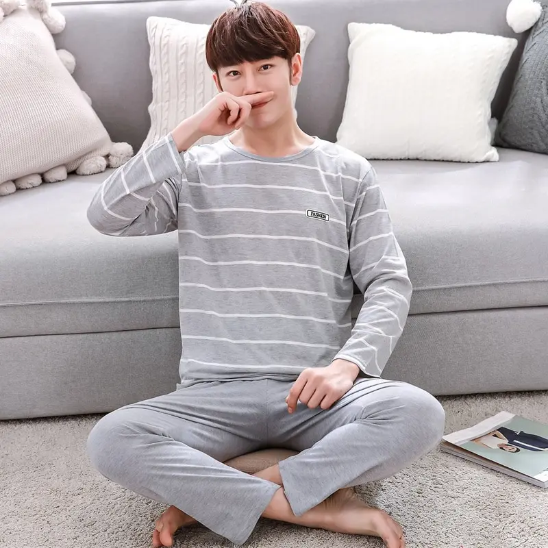 2019 Spring Autumn Thin Cotton Casual Striped Pajamas Sets for Men Long Sleeve Pyjama Sleepwear Homewear male Loungewear Clothes | Мужская
