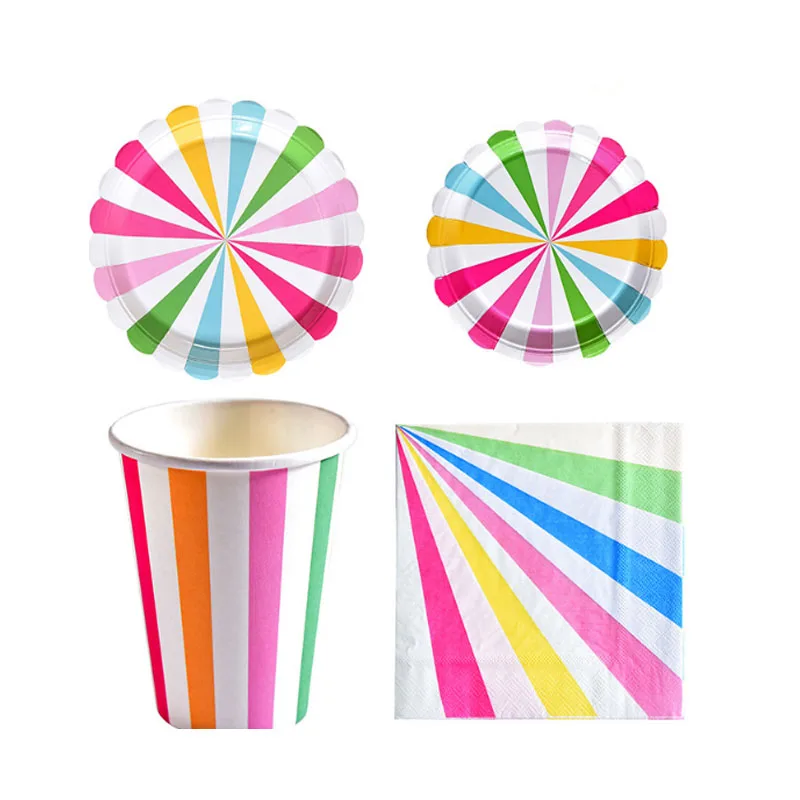 rainbow color 50 шт цирковая тематика бумажные одноразовые столовые наборы красные тарелки в полоску салфетка для чашек детский душ Свадебные украшения вечерние принадлежности - Цвет: rainbow color