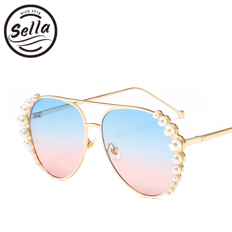 Sella Fashion Sun Glasses For Women Luxury Pearl Decoration Oversized Pilot Mirror/Gradient Lens 2018 Trending Shade | Аксессуары для