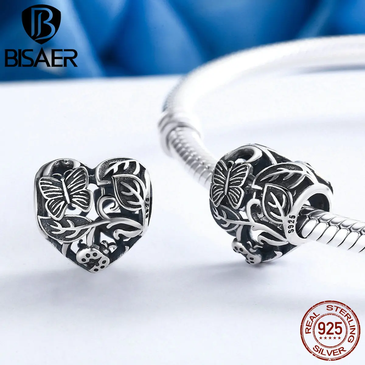 BISAER, 925 пробы, серебряные, Бабочка, любовь, цветок, амулеты в форме сердца, бусины, подходят для браслетов, сделай сам, 925 серебряные ювелирные изделия ECC155