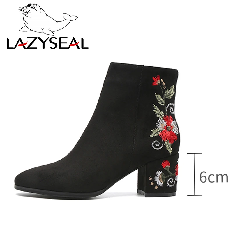 Женские ботинки LazySeal с цветочной вышивкой ботильоны на высоком каблуке черные