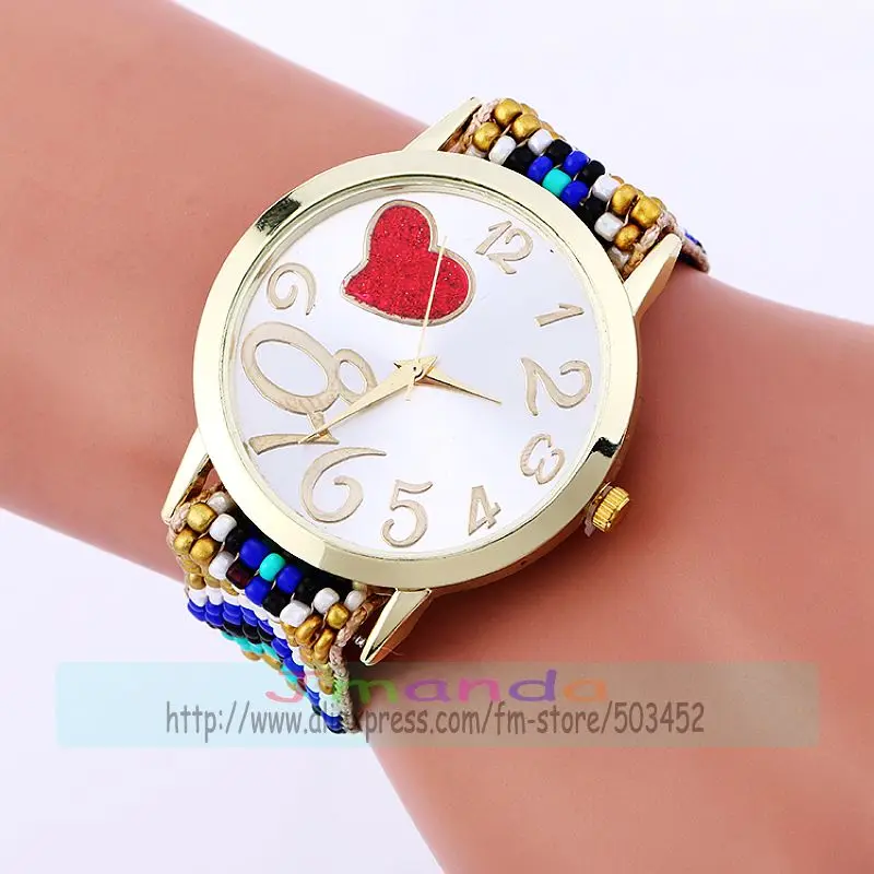 100pcs/lot 918097 women bead rope bracelet watches new ladies casual dress weave love big number watch heart style beaded clock | Наручные