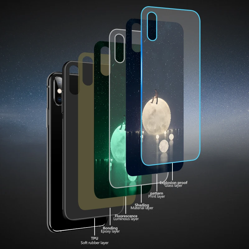 Роскошный светящийся чехол из закаленного стекла для телефона для iPhone 6 6s 7 8 Plus ночной светящийся чехол для телефона для iPhone X XR XS Max задняя крышка Coque