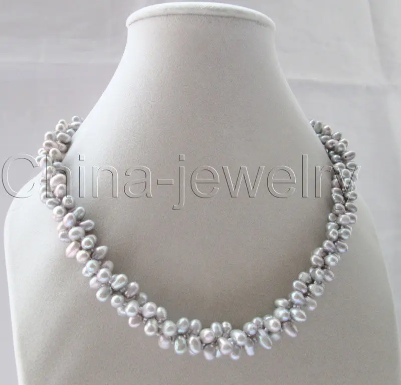 Красивая 18 &quot3row 8 мм серый барокко райс пресной воды жемчужное ожерелье GP