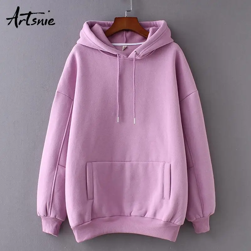 Purple Artsnie, зима, с карманами, с капюшоном, хлопковая толстовка, для женщин, с длинным рукавом, негабаритных, толстовки, хаки, Осенний пуловер, кофты, Femme - Цвет: Purple