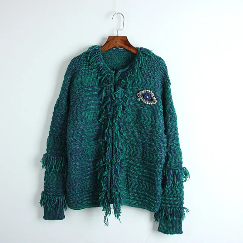 

Новинка, женские кардиганы с бисером и глазами, дизайнерские свитера 2018, женские свободные пальто с бахромой, вязаная одежда, Лидер продаж