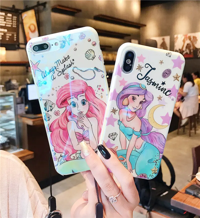For iPhone 7 7plus princess Ariel / jasmine phone Cases iphone X 6 6s 6plus 8 8Plus Blue ray soft back cover + strap |
