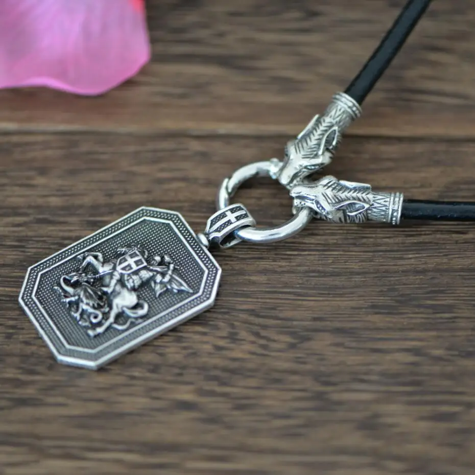 Leather Cord Two Langhong 1 шт. Святого Георгия защитить меня святая молитва религиозное ожерелье защита Шарм ожерелье ювелирные изделия-талисманы - Окраска металла: Leather Cord Two