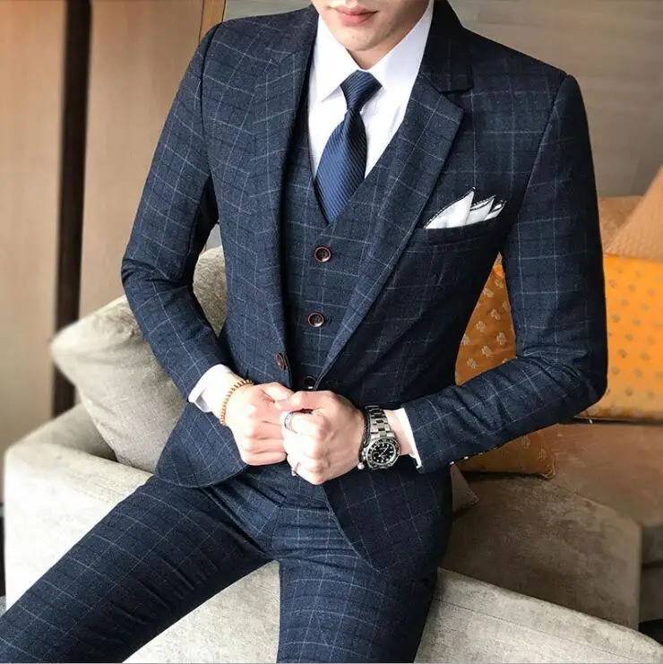 

(Jacket+Pant+Vest) Mens Suits 3 Piece Set Plaid Groom Wedding Suits Slim Fit Formal Clothes Husband Dress Suits Tuxedos for men