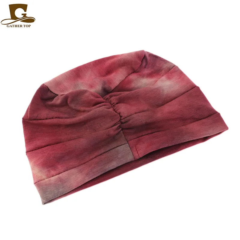 

Women tie-dyed Cotton Breathe Hat New Women's Turban Elastic Cloth Head Cap Hat Ladies Hair Accessories Muslim Scarf Cap