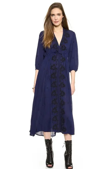 Dark Blue Женское платье бохо, лето, богемное длинное платье с вышивкой, свободное, v-образный вырез, сексуальное, Ретро стиль, люди, хиппи, платья, халат, 14 цветов - Цвет: Dark Blue
