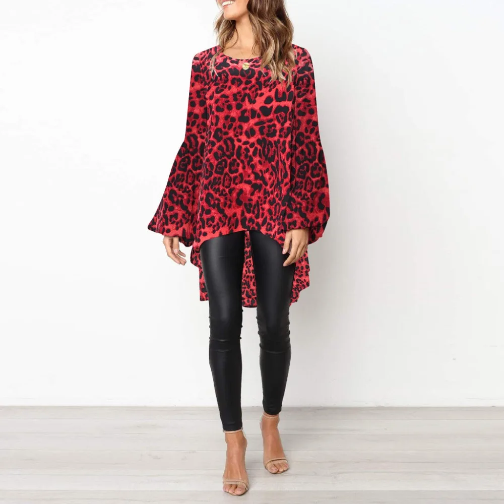 Женская футболка с круглым вырезом длинным рукавом фонариком и леопардовым