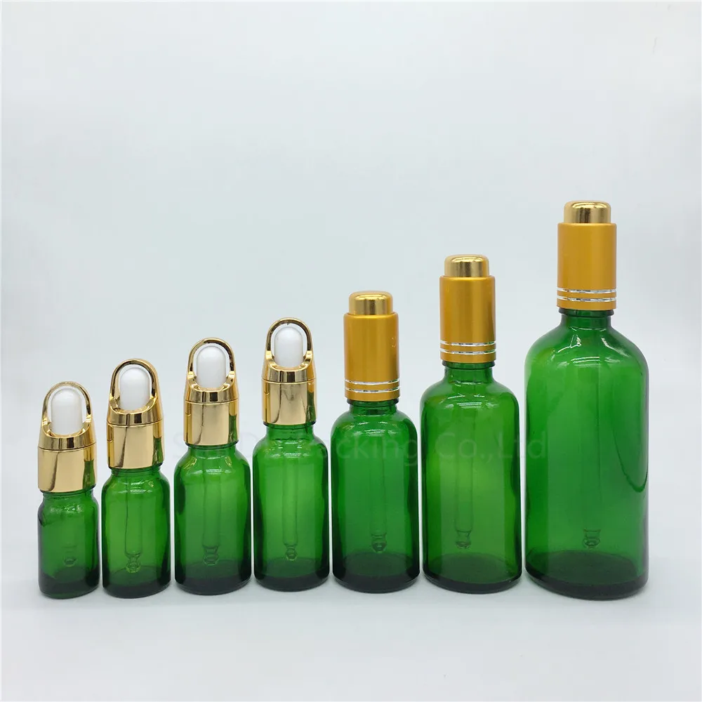

5ml,10ml,15ml,20ml,30ML,50ml,100ml Reagent Eye Dropper Essential Oil Bottle Gold Press Dropper Green Glass Perfume Bottle