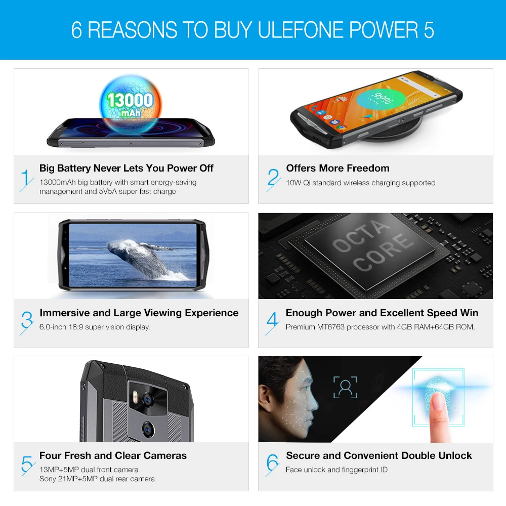 Ulefone power 5s MTK6763 Восьмиядерный мобильный телефон 6 0 дюйма 18:9 4 Гб + 64 21 МП Две задние