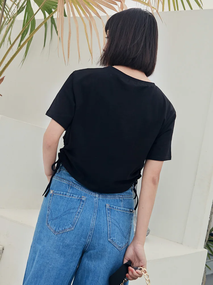 Для женщин укороченный топ черные рубашки с принтом Высокая Талия Side Lace-up Рубашка