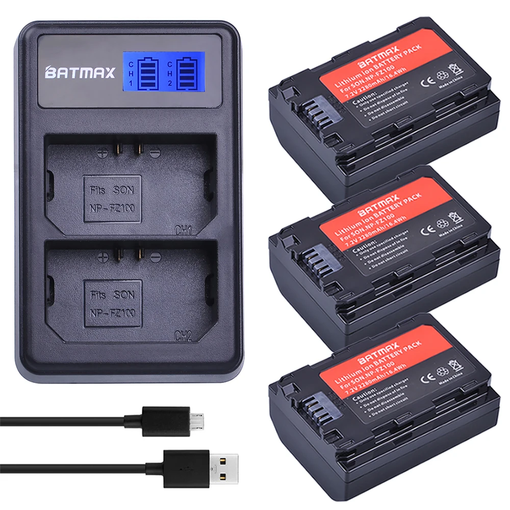

Batmax 3pc 2280mAh NP-FZ100 FZ100 Battery+LCD Dual USB Charger for Sony BC-QZ1, Sony a9, a9R,a7R III, a7 III,A6600