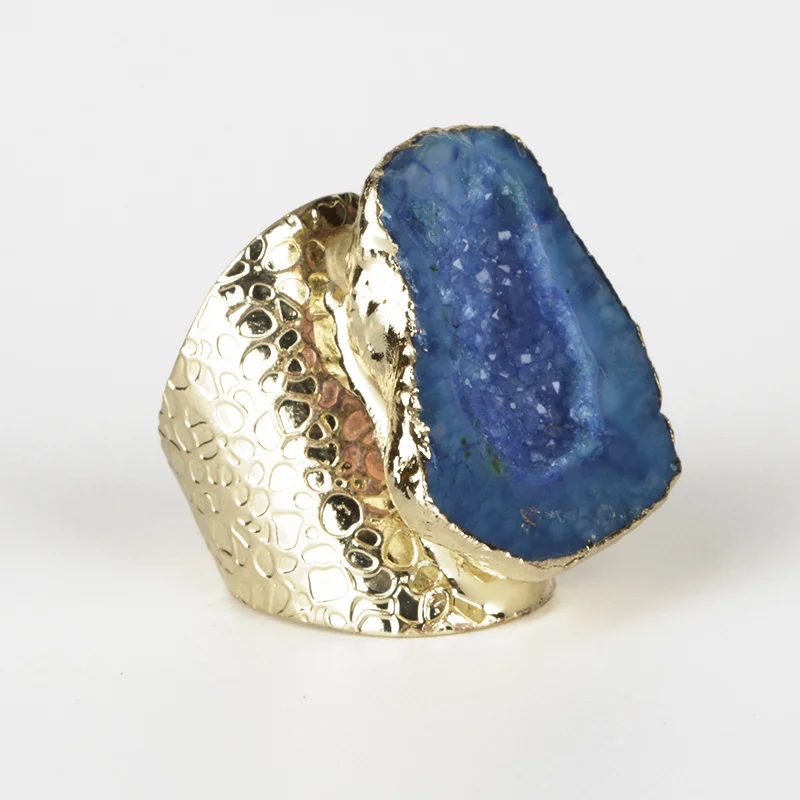 geode blue Чистый золотой цвет грубый сырой оранжевый геодезический кварц кристалл Друза камень ломтик бисера Шарм Регулируемый Открытый чеканка кольцо манжеты для женщин - Цвет основного камня: geode blue