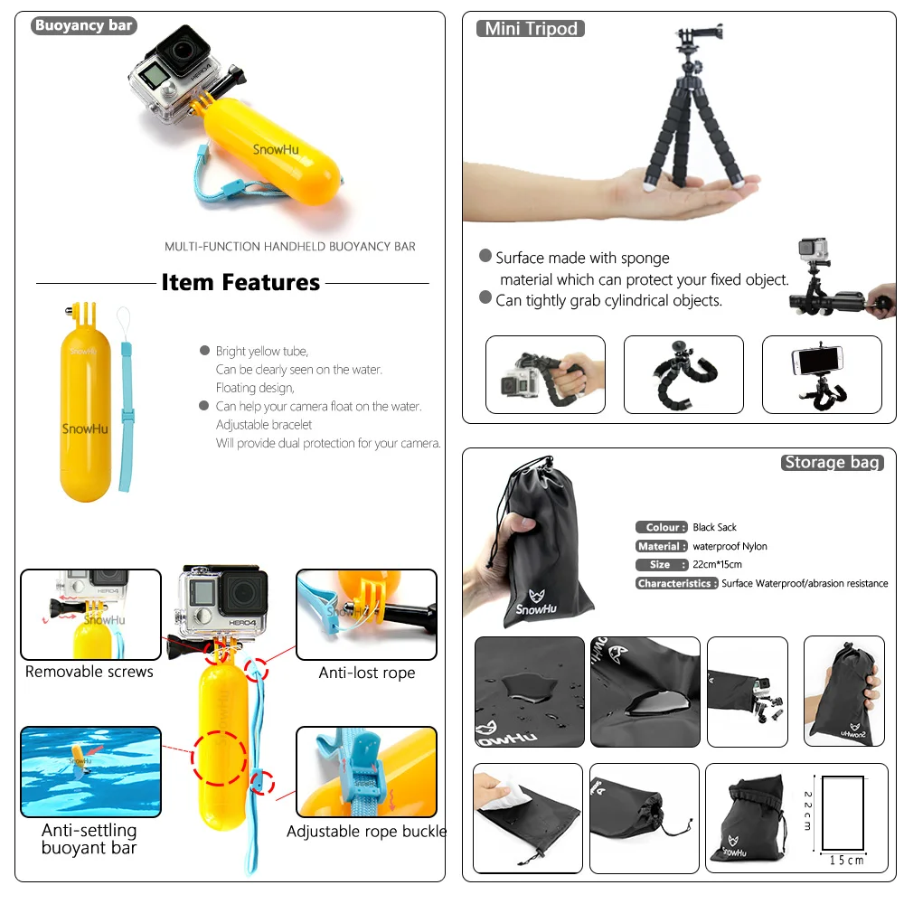 

SnowHu for Gopro Accessories Set For Gopro hero 7 6 5 Waterproof case Protection Frame monopod for Go pro 7 6 gopro 5 GS73