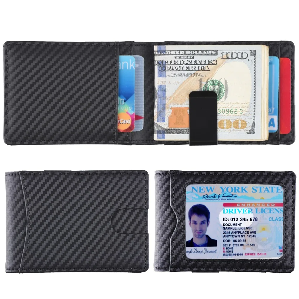 Тонкий кошелек из углеродного волокна с зажимом для денег RFID Блокировка