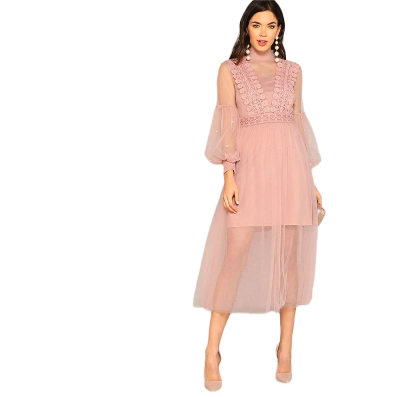 SHEIN Прозрачное Сетчатое Платье С Оригинальным Рукавом И Бусинами Нарядное Вечернее Платье На Бретельках С Открытой Спиной
