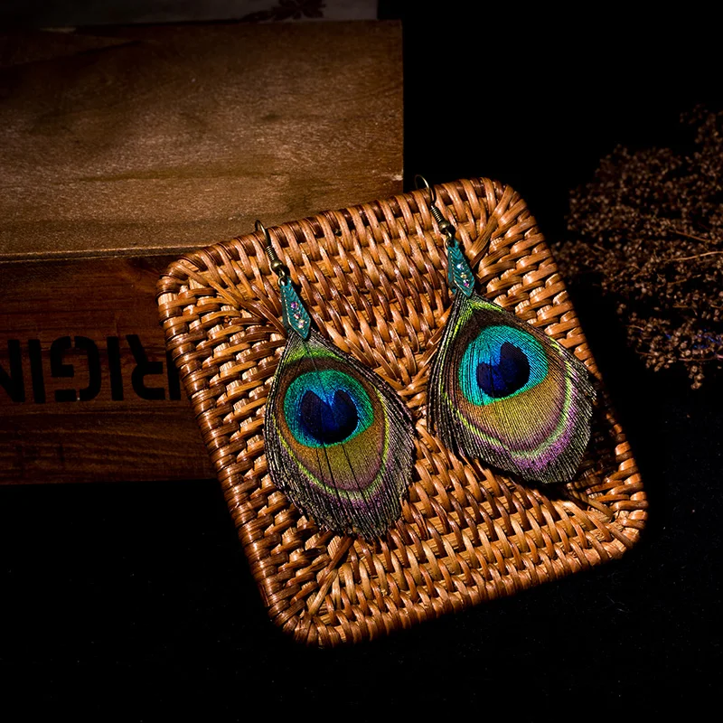 Pendientes bijoux boucle d'oreille Femme модное натуральное павлинье перо Ручной Работы Бохо индийские этнические серьги Висячие зеленые