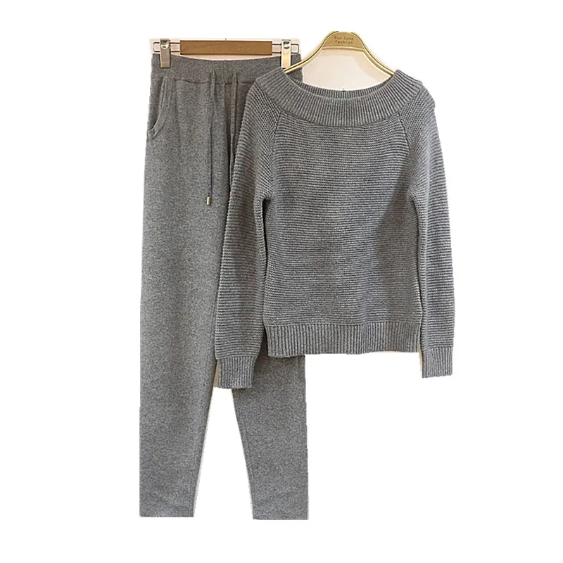 The New Arrival Hot Sale Wool 2018 Winter Fashion Cashmere Knitted Suit Collar Mink Sweater Long Sleeve Elegant Two Piece Pants | Женская