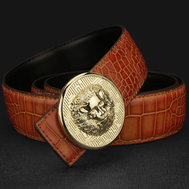 Brown Golden-buckle Лев пояса мужчин от желтый пояс мода золотой пояс Натуральная кожа люксовый бренд высокого качества пригородам пояс - Цвет: Brown Golden-buckle