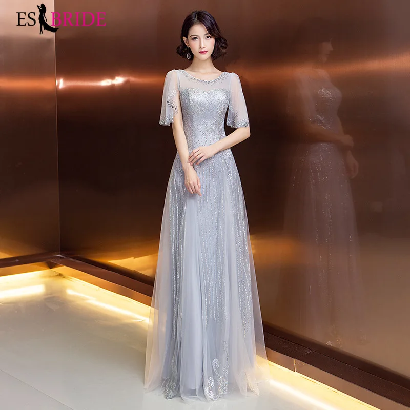 Кружевные вечерние платья Длинные 2019 серый фон размера плюс с О-образным вырезом