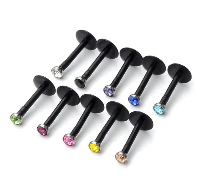 10PCS/LOT Mixed 10 color Rhinestone Labret Lip Ring Soft Acrylic Body Jewelry Black White base Piercing body | Украшения и