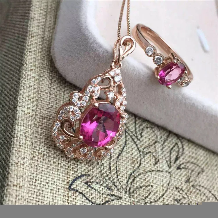 

KJJEAXCMY boutique jewels 925 sterling silver inlaid with natural pink topaz jewelry 3 pieces of pendant + necklace + ring jewel