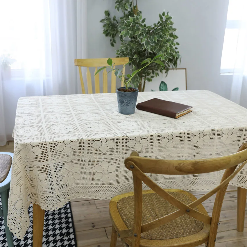 

100% Cotton Knitted Hollow Decorative Lace Tablecloth Shabby Chic Vintage Crocheted Tablecloth Handmade Cotton Lace Table Topper