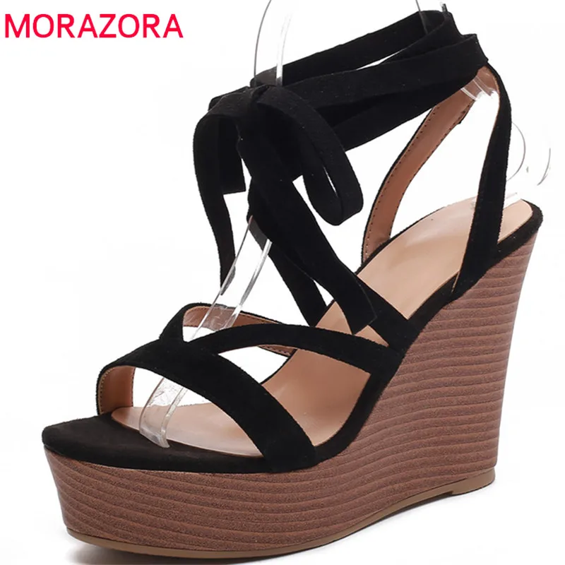 Женские босоножки на платформе MORAZORA черные однотонные с перекрестной шнуровкой