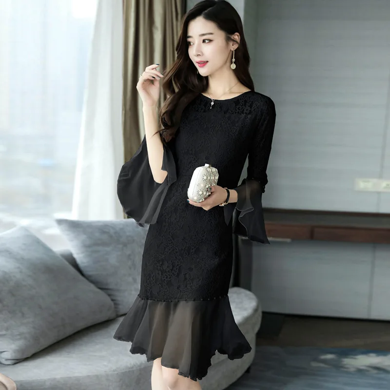 Elegant Three Quarter Sleeve Lace A-Line Dress Women Patchwork Flare O Neck Dresses Party Knee-Length Vestidos | Женская одежда