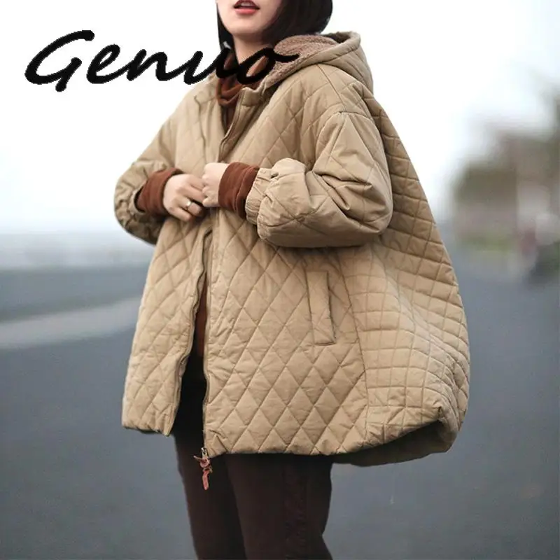 

Genuo Women A-Line Parkas Hooded Loose Coats 2019 Winter New Zipper Long Sleeve Warm Plus Size Women Cloths Solid Color Coat