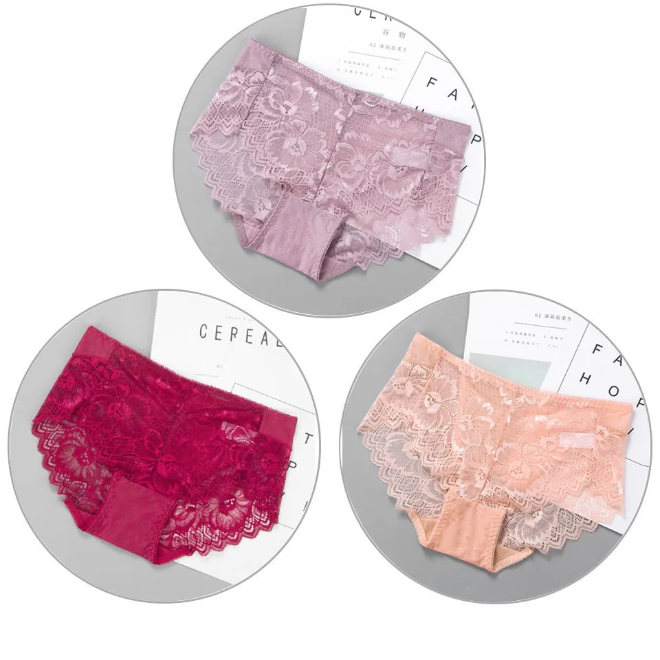 Violet Burgundy Khak 3 шт./лот бесшовные трусы со средней талией женские кружевные трусики пикантные женские нижнее белье женские трусы размера плюс летнее дышащее белье - Цвет: Violet Burgundy Khak