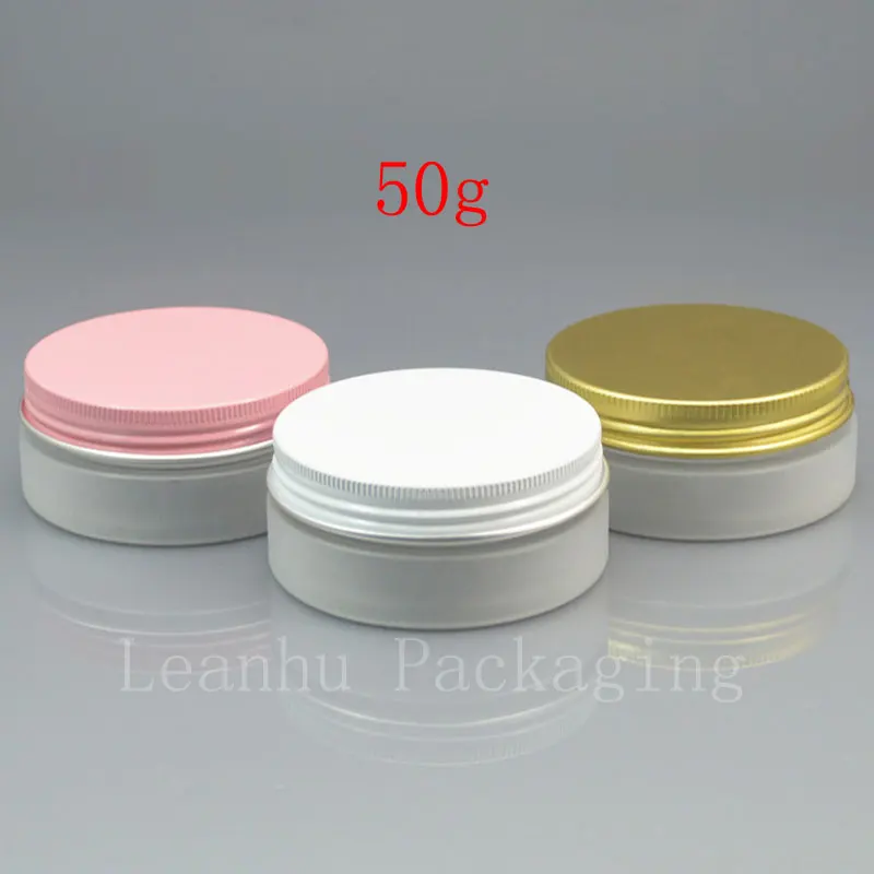 50g empty frosting white PET cream jar , 50cc solid perfumes refillable container , white / gold / pink aluminum cap , 50 pcs/lot