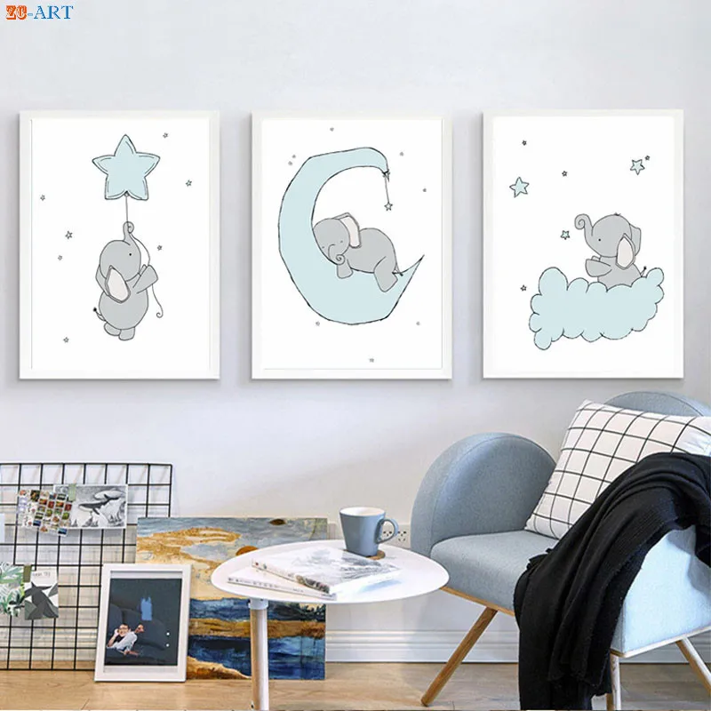 Плакаты слона и принты луны звезд детская картина холст живопись синие серые