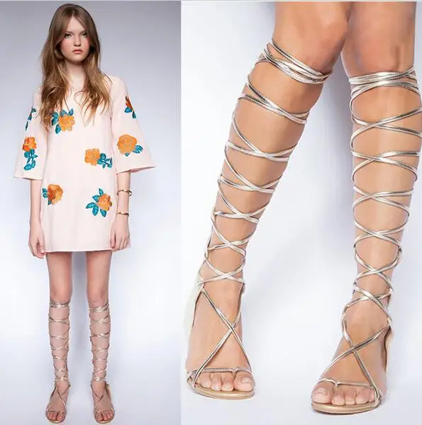 Botas Mujer Sheepskin Cross Straps Summer Boots Clip Toe Women Flat shoes woman Cut Out Sexy Sandalias Knee High Gladiator Sanda