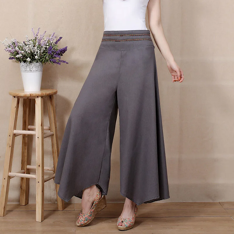 2017 summer new women printing Nine sub trousers cotton linen pants casual baggy swinging leg wide female |