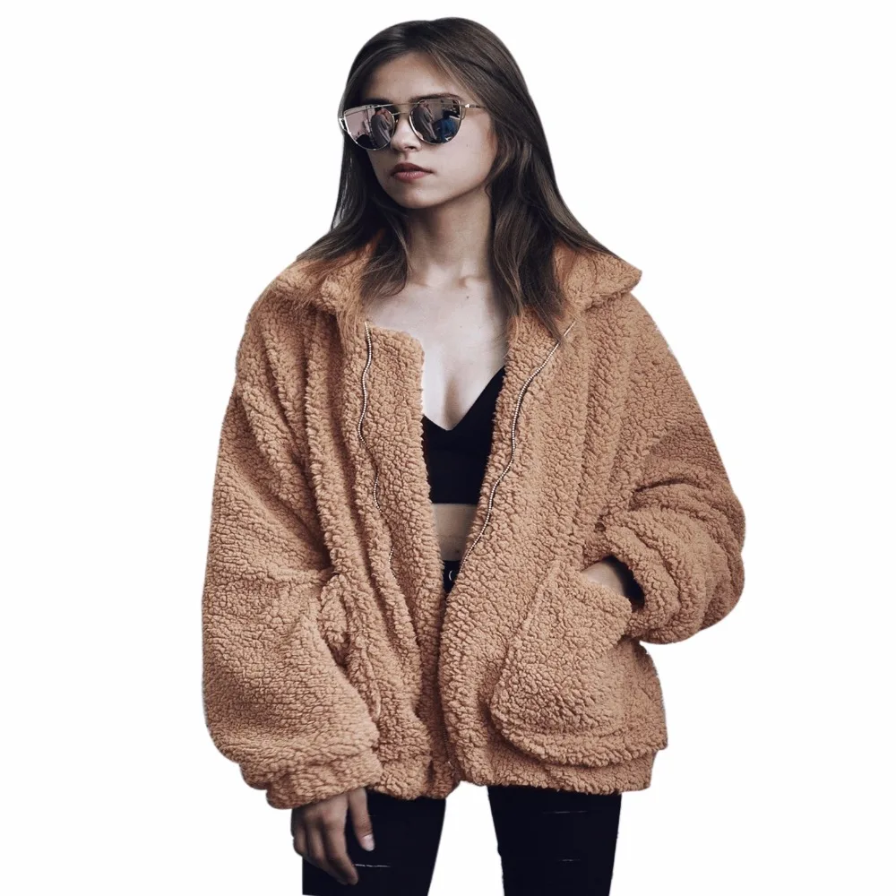 

2018 women fur coat fashion autumn and winter lapel long sleeve plush loose fur female street style faux fur coat women
