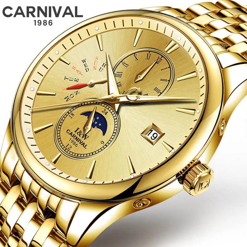 CARNIVAL Top Luxury Brand Waterproof Mechanical Watch Steel Strap Moon Phase Calendar Multifunction Sports Men's Watches New