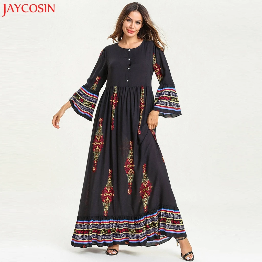 JAYCOSIN женское мусульманское длинное хлопковое Макси платье с цветочным принтом