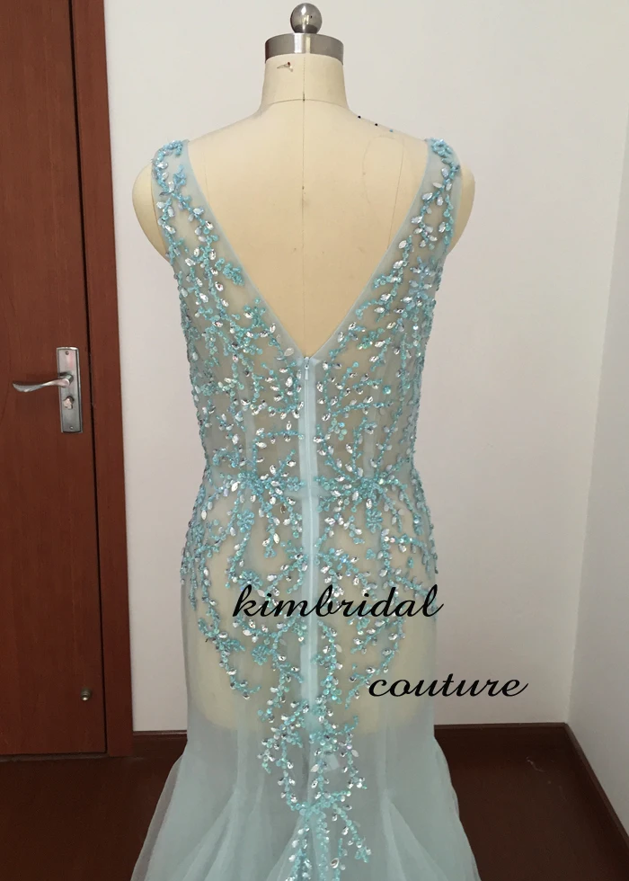 Женское вечернее платье-русалка прозрачное зеленое платье с глубоким V-образным