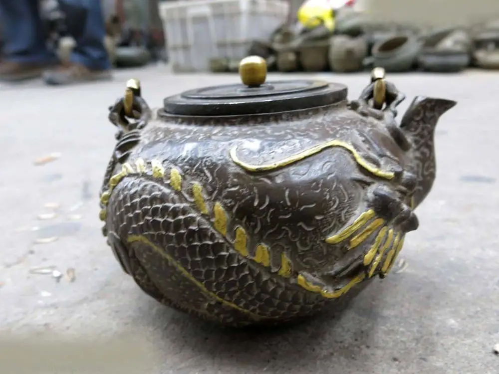 7 &quotКитайский Железный позолоченный резной Прекрасный Дракон Красивый Чайничек